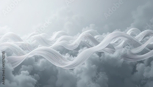 Elegant white ribbons gracefully undulate amidst a soft, grey cloud landscape, creating a serene and ethereal scene.