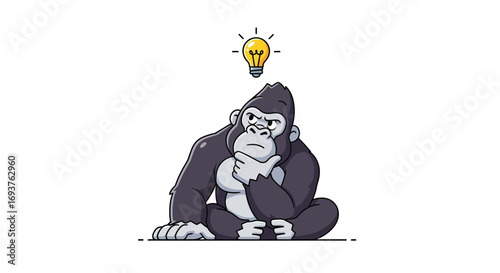 Thoughtful cartoon gorilla having an illuminating idea, representing problem-solving and creative thinking, isolated on a clean white background