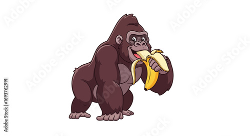 Gorilla enjoying a banana, cartoon illustration on a white background, healthy eating concept