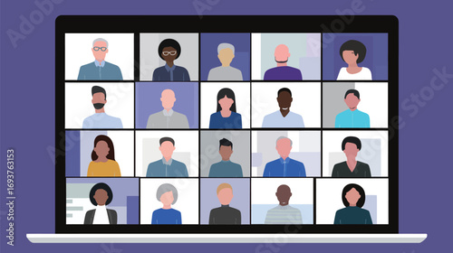 A group of diverse individuals participates in a virtual meeting displayed on a laptop. They actively engage and collaborate while sharing ideas remotely.