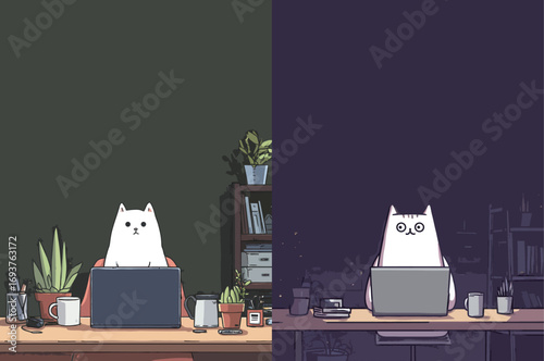 A fluffy white cat sits at a desk, working on a laptop. The left side shows a bright day scene with plants, while the right depicts a dark night atmosphere.