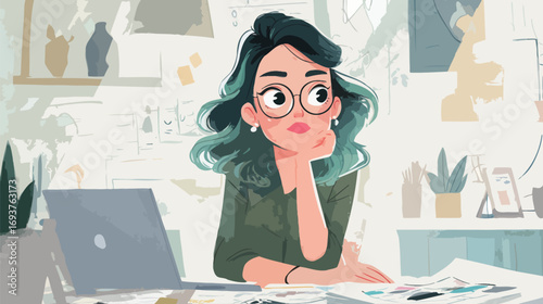 A young woman with green hair sits at a cluttered desk, thoughtfully resting her chin on her hand as she looks off-screen, surrounded by design materials and plants.