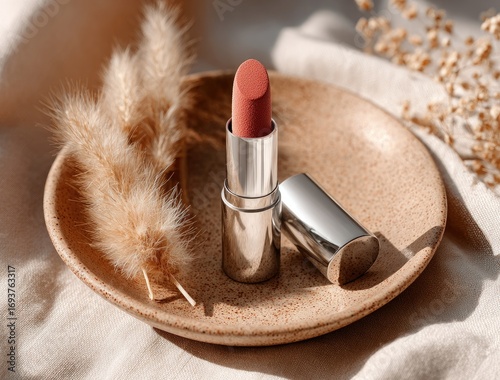 Dusty rose lipstick on a neutral plate