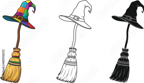 A set of witch hats and brooms in colorful, outline, and silhouette styles for halloween celebration design