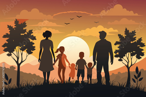 A heartwarming silhouette illustration of a family of five standing outdoors at sunset.