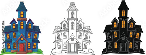 Three variations of a spooky haunted house illustration, in colorful, line art, and silhouette, for halloween designs