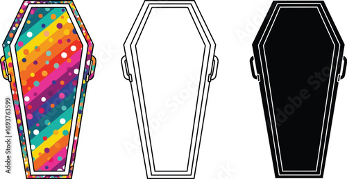 Three coffin illustrations, one colorful with polka dots, one in black and one in outline