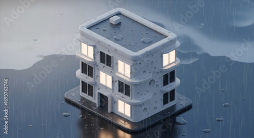 Isometric apartment building rainy day architecture design urban scene residential property real estate illustration