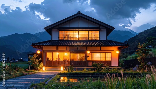 A traditional Japanese house bathed in warm, evening light, nestled amidst a serene mountain landscape.