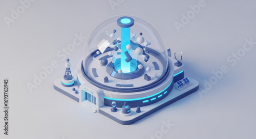 Isometric futuristic research lab with energy beam and dome for science and technology innovation center