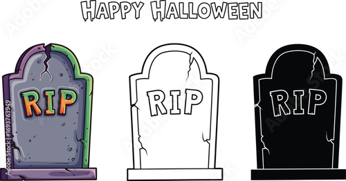 Happy halloween tombstone, with rip text, in colorful, outline and silhouette, for halloween celebration
