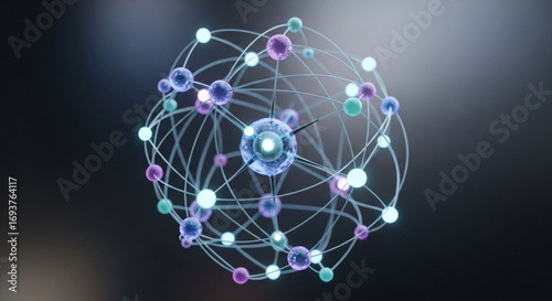 Scientific atom structure model with electrons orbiting nucleus for physics and chemistry education
