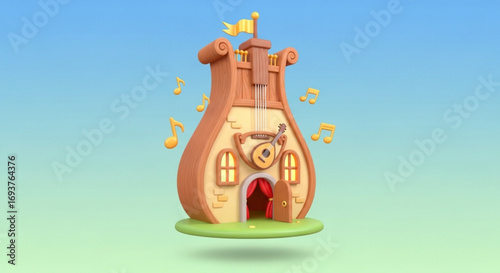 Cartoon music house illustration with musical notes and lute for kids and children learning songs