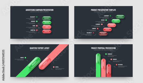 Marketing Performance 4 5 2 3 Option Diagram Frame Template Bundle. Consulting Overview Four Five Two Three Element Infographic Slideshow Layout Vector Illustration Collection.