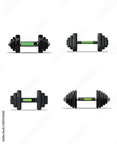 A set of adjustable dumbbells is displayed from multiple angles, showcasing the sleek design and functional features ideal for various workout routines.
