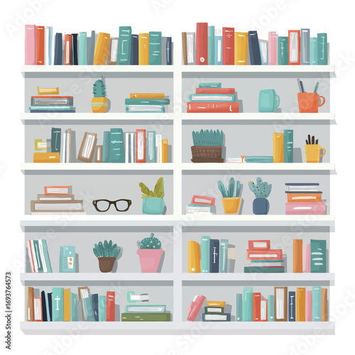 A vibrant bookshelf is filled with an array of colored books and stationery neatly arranged, creating an inviting reading atmosphere. Decorative items add charm.