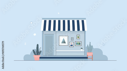 A charming art gallery stands against a soft blue backdrop. The shop displays framed artworks on its walls and vibrant potted plants enhance the inviting atmosphere.