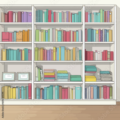 A vibrant bookshelf is filled with an array of colored books and stationery neatly arranged, creating an inviting reading atmosphere. Decorative items add charm.