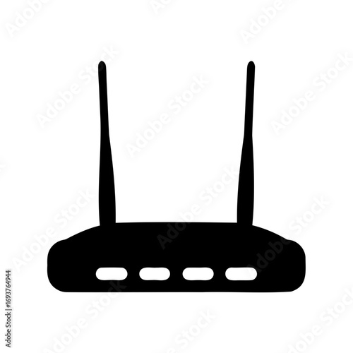 Black silhouette of a wireless router with two antennas on white background