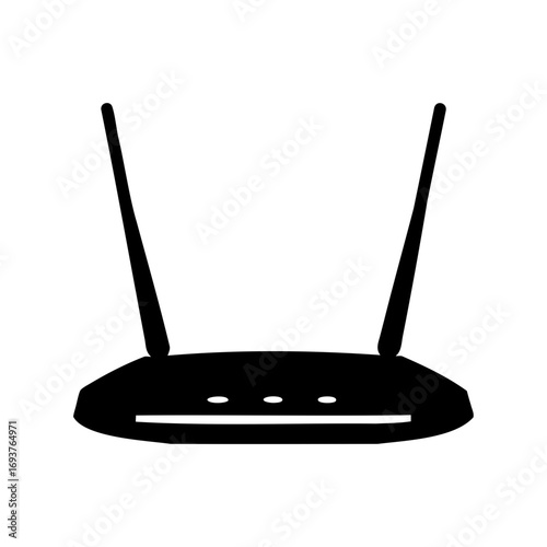 Black wifi router silhouette with two antennas against a white background