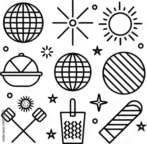 Whimsical line art icons collection globes stars sun sparkles and food elements for creative projects and designs
