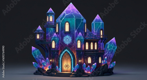 Enchanting crystal castle illustration fantasy architecture glowing windows and crystal formations art design