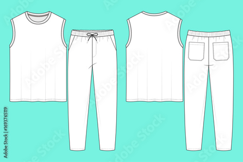 Men's Crew Neck Sleeveless Tank Top and Trousers Casual Set Fashion Flat Sketch CAD Mockup Outline.