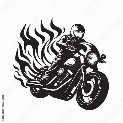 Flaming Rider Silhouette on Vintage Motorcycle Vector Illustration Art on white background