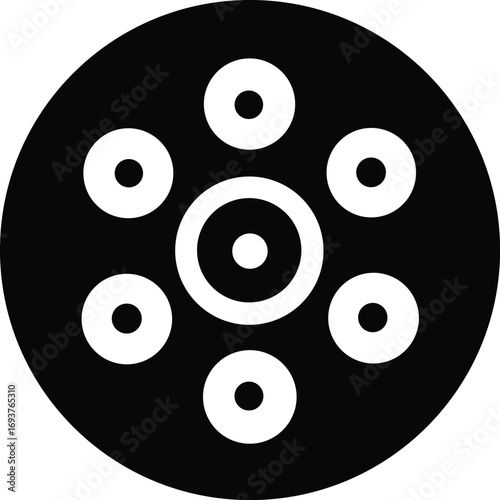 Abstract geometric circular pattern with concentric rings and outer circles creating a unique modern design element