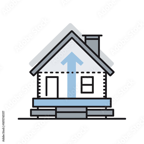 A modern house design shows a simple structure with clean lines and a directional arrow pointing up, emphasizing growth or improvement in home aesthetics and efficiency.