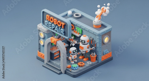 Robot repair shop with cute robots and tools for maintenance service and automation technology concept design