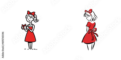 Two girls in matching red dresses are depicted. One girl joyfully holds a present, while the other stands with a shy demeanor, glancing sideways.