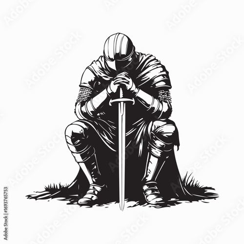 Medieval Knight Sitting Down Holding Sword Vector Silhouette Illustration