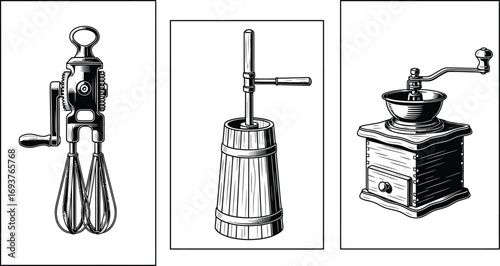 Vintage kitchen tools: hand mixer, butter churn, and coffee grinder.