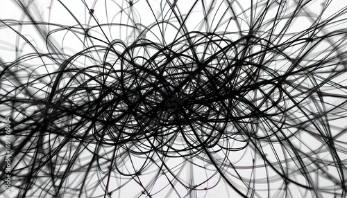 Intricate network of interwoven, dark lines creating a complex, abstract design against a white background.