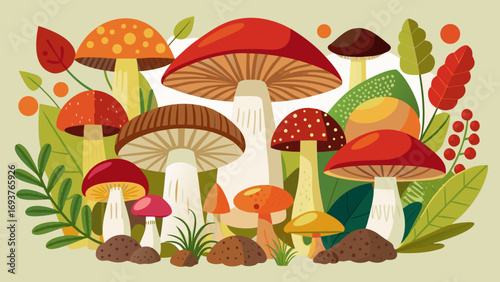 Vector art of a vibrant collection of mushrooms and leaves creates a whimsical and earthy composition, perfect for illustrating nature, autumn, and forest themes
