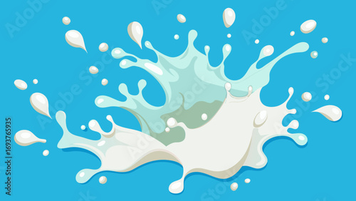 Vector art of a dynamic milk splash on a blue background, capturing the essence of freshness and purity, ideal for illustrating dairy products and healthy drinks