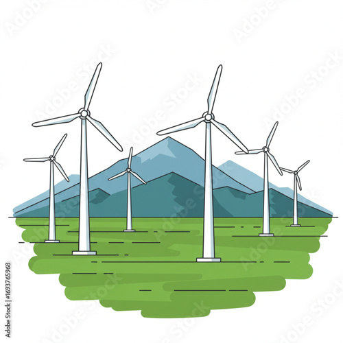 Wind turbines in a green field with mountains, clean energy, renewable power