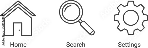 A set of three essential user interface line icons: home, search, and settings, for web and application navigation.
