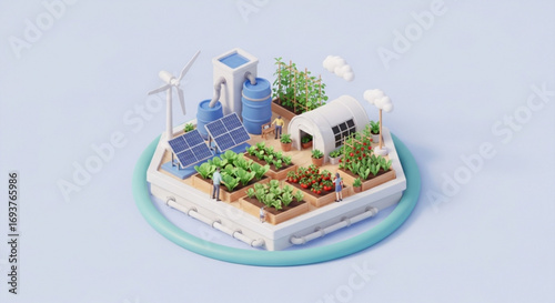 Isometric sustainable urban farming rooftop garden with solar panels and wind turbine illustration design