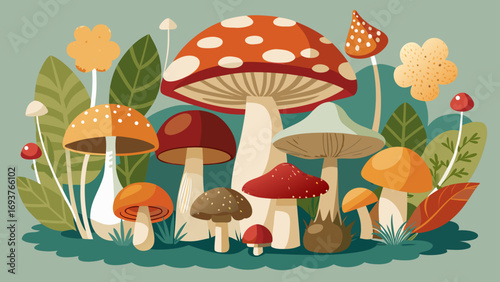 Vector art of whimsical mushroom garden vector illustration, a charming and colorful design perfect for naturethemed projects and childrens illustrations