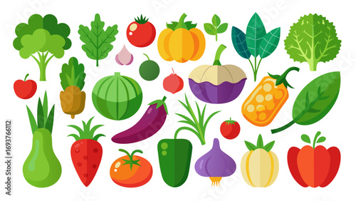 Vector art of a vibrant assortment of fresh vegetables, including broccoli, tomatoes, pumpkin, eggplant, peppers, garlic, and leafy greens, all arranged in a colorful display