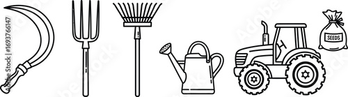 A collection of agricultural tools and equipment including a sickle, pitchfork, rake, watering can, tractor, and a bag of seeds.