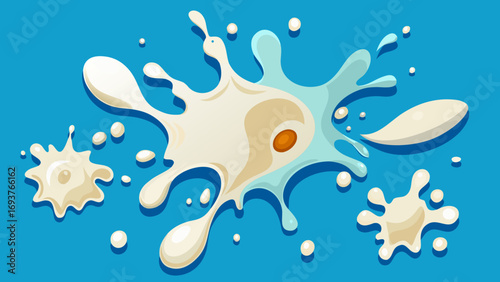 Vector art of a dynamic splash of milk with droplets and splatters, creating a fluid and abstract design against a blue background, evoking freshness and purity