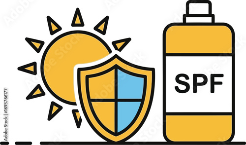 Illustration of sun protection with a sun, shield, and SPF sunscreen bottle.