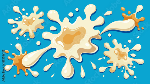 Vector art of collection of cartoon milk splashes on a blue background, creating a playful and dynamic composition, perfect for illustrating dairy products or food concepts