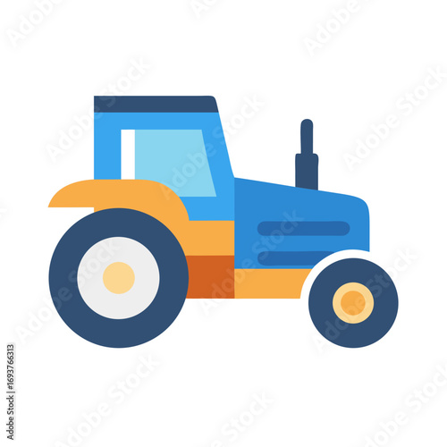 Blue and orange tractor icon in flat style for farming design