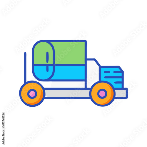 Hay baler machine icon in flat colorful style for farming