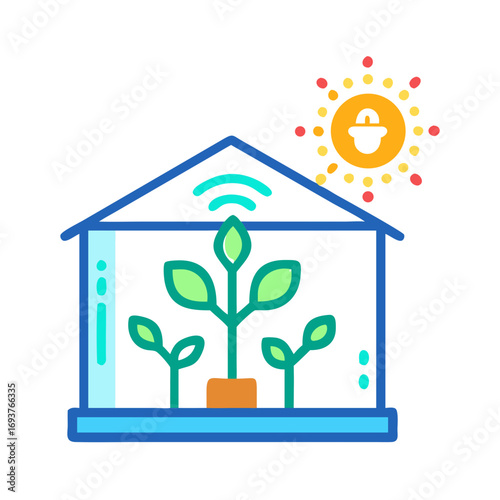 Smart greenhouse icon with plants in blue and green colors