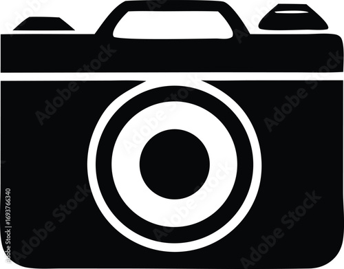 Simple iconographic representation of a classic camera with a prominent lens for photography and imaging concepts
